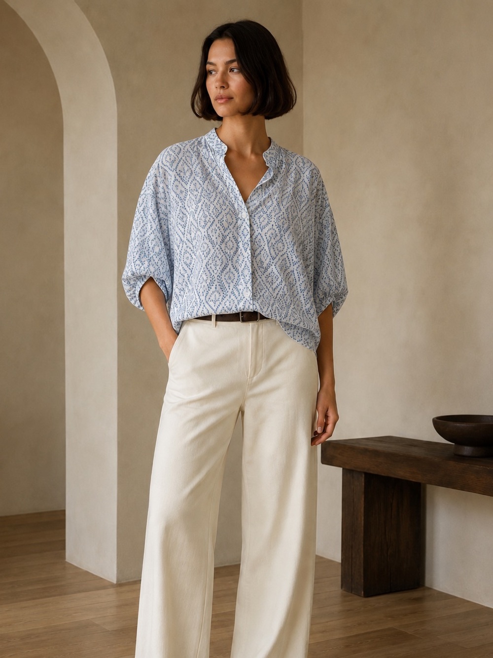 EMERSON FRY India Collection Blue White Organic Cotton Dolman Top OS